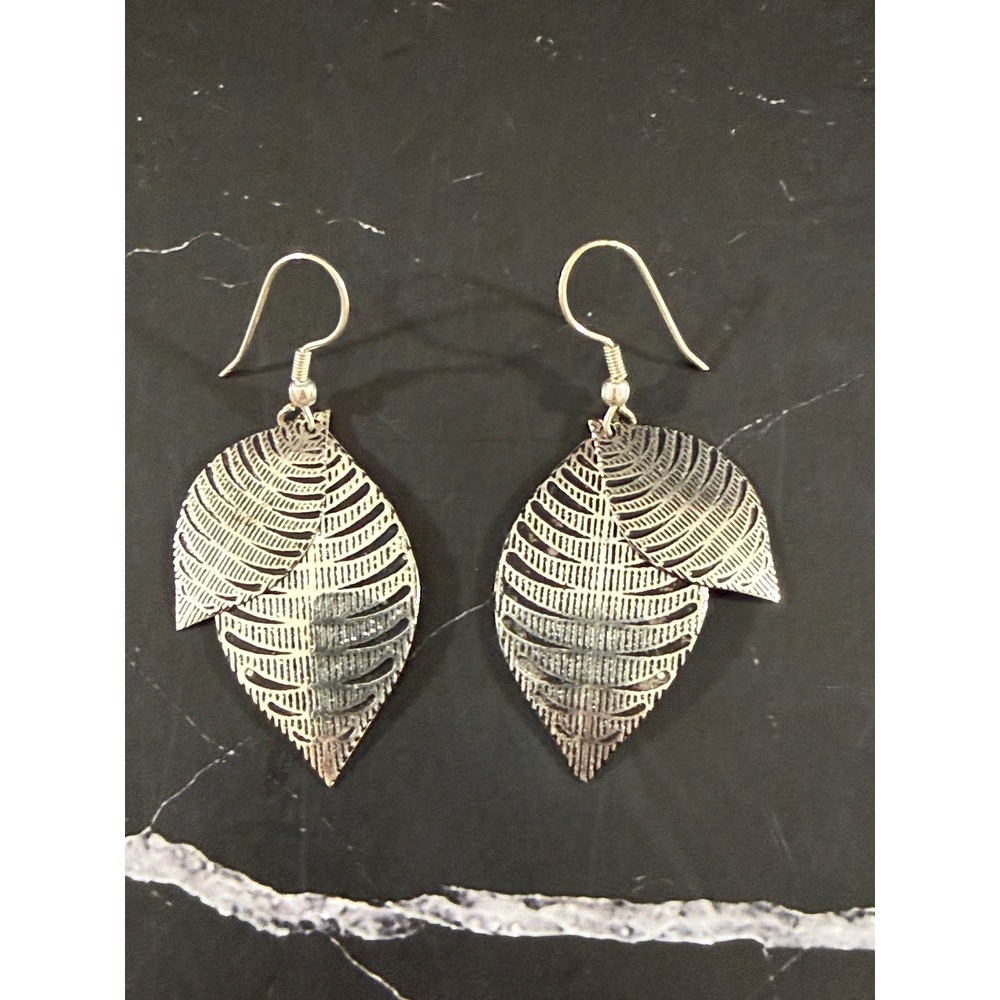Matr Boomie Sanctuary Silver Tone Embossed Leaf Drop Earrings
